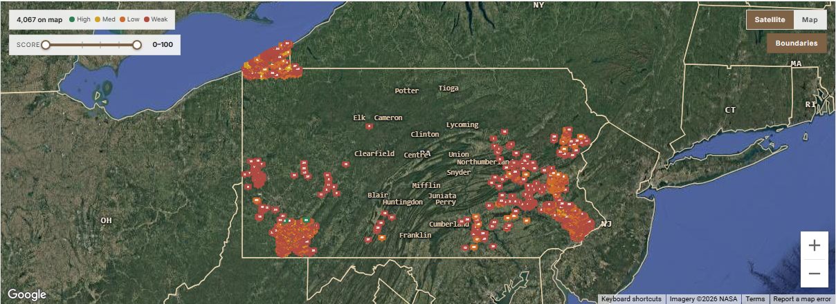 DeedScore map with scored Pennsylvania parcels