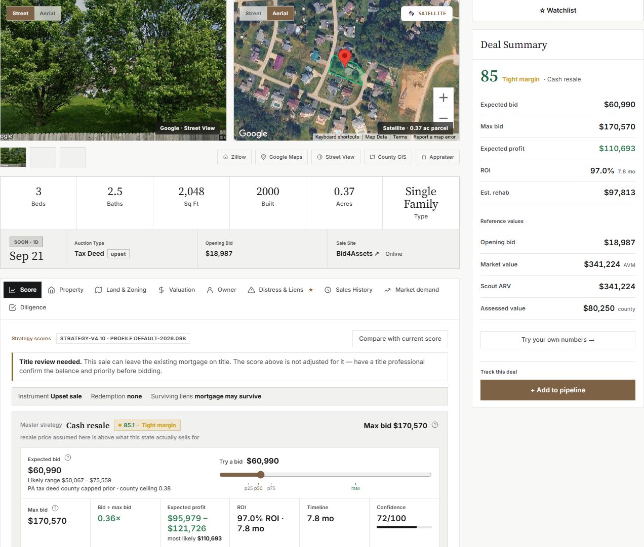 DeedScore parcel page with score, valuation and strategy