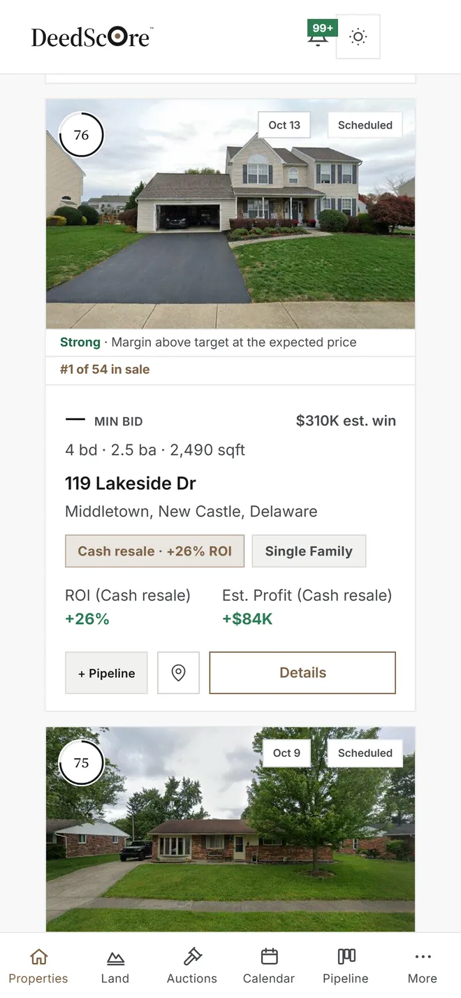 Property card on a phone: score 76, Strong, #1 of 54 in sale, $310K estimated win, 119 Lakeside Dr, Middletown, Delaware