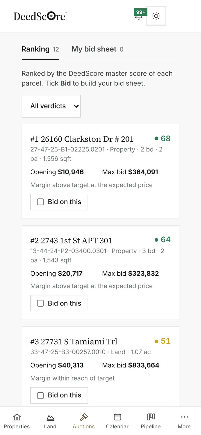 Sale sheet on a phone: Lee County, Florida tax deed sale, parcels ranked #1 to #3 with score, opening bid, max bid and a Bid on this checkbox