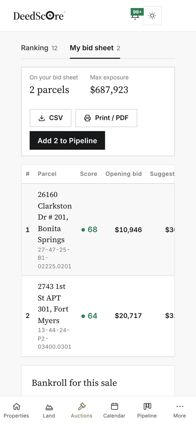 Bid sheet on a phone: two Lee County, Florida parcels, max exposure, CSV, Print / PDF and Add 2 to Pipeline